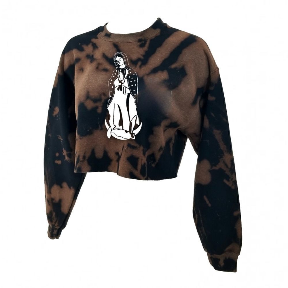 LA VIRGEN DE GUADALUPE Acid Wash Crop Top Long Sleeve Crewneck Sweatshirt latina - Picture 3 of 5